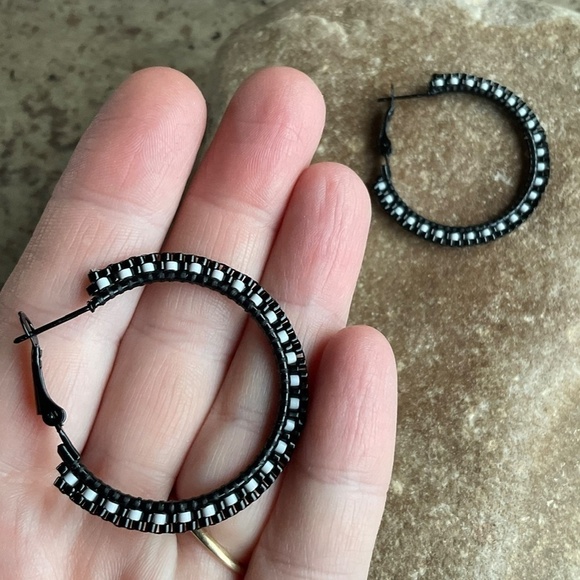 Black and White 1 1/4” Beaded Hoops, New, Handmade by Me - Picture 2 of 8